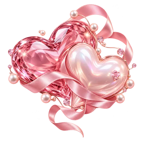 Sepasang hati kristal pink dengan pita dan mutiara